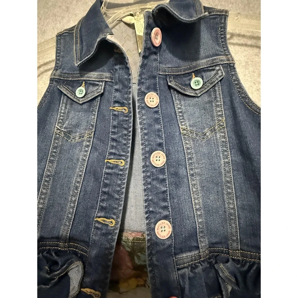 Matilda Jane Vest Girls 8 Blue Denim Button Pockets Ruffle Hem Floral Lined‎